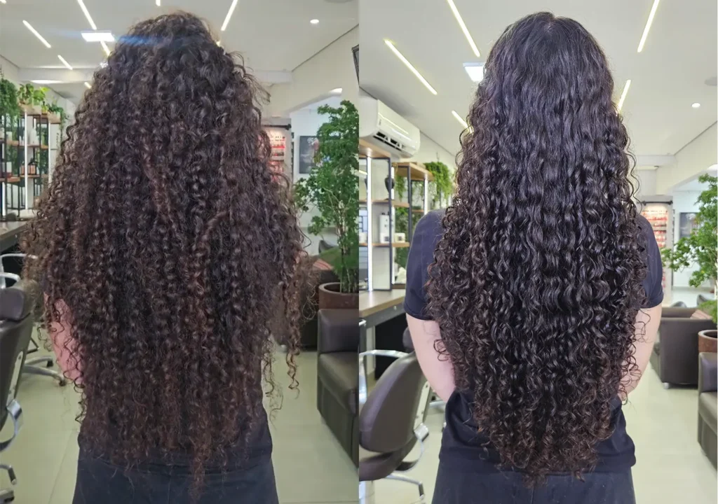 Antes e depois de corte e finalização de cachos no Atena Beleza
