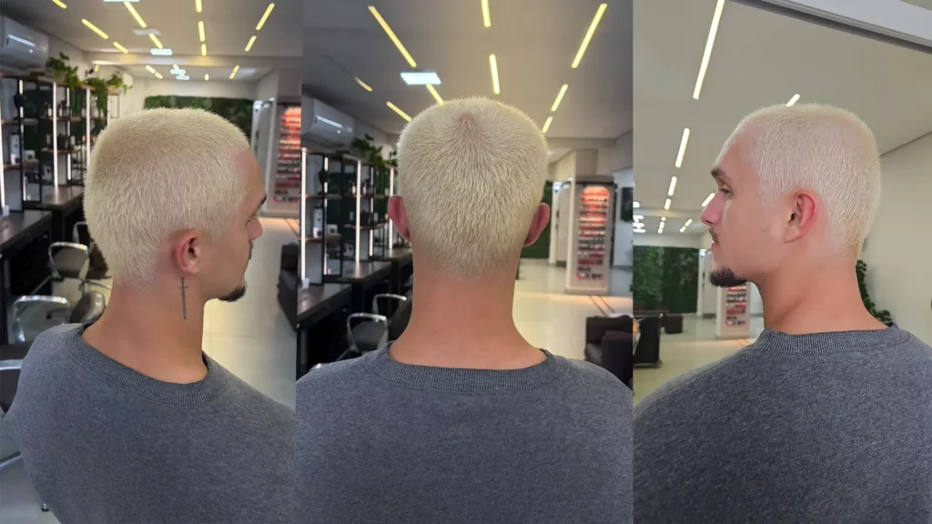 Platinado ou luzes, resultado de descoloração masculina na Apolo Barbearia.