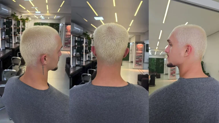 Platinado ou luzes, resultado de descoloração masculina na Apolo Barbearia.